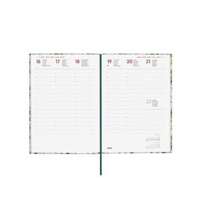 Agenda aberta mostrando dias da semana de 16 a 22 com capa floral e marcador verde