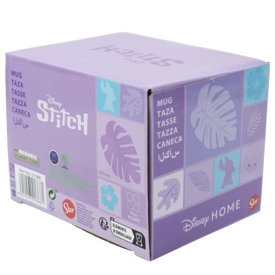 Caixa lilás para caneca Disney Stitch com padrões de folhas e texto em várias línguas