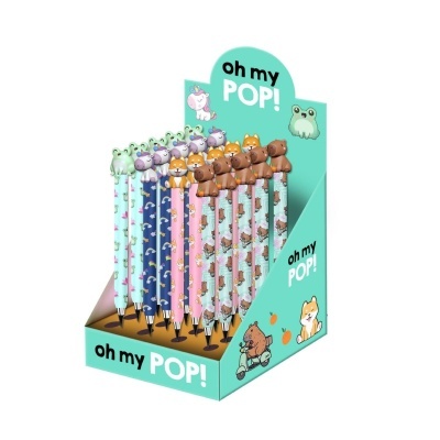 Caixa de canetas coloridas com decoração de ursos e padrões de animais em suporte azul claro com texto 'oh my POP!'