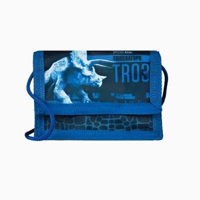 Carteira azul com imagem de dinossauro e texto