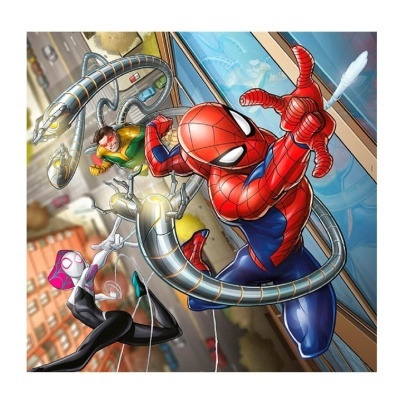 Ilustração de super-heróis Homem-Aranha e outros em cenário urbano