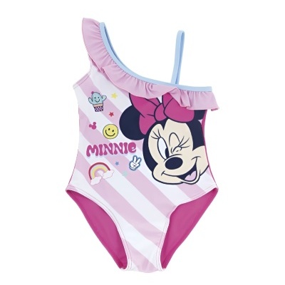 Fato de banho infantil rosa com estampa da Minnie e folho no decote