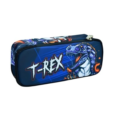 Estojo escolar azul com estampa de dinossauro T-Rex e texto T-REX