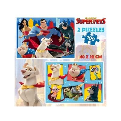 Embalagem de dois puzzles League of Superpets com 100 peças cada e personagens animados coloridos.