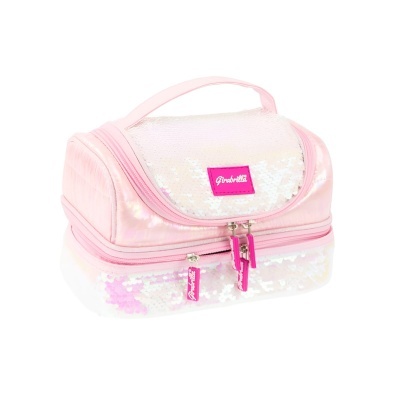 Necessaire rosa claro com lantejoulas e alça