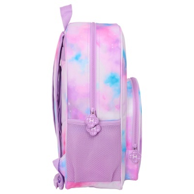 Mochila colorida em tons pastel vista de lado