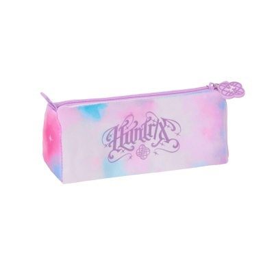 Estojo rosa lilás com zip e texto decorativo na frente