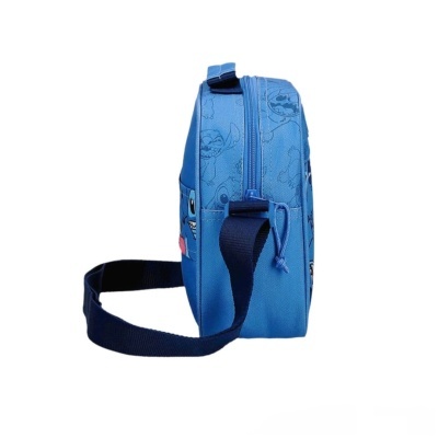 Mala pequena azul com padrão e personagem e alça azul escura ajustável