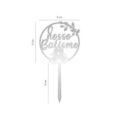 Decorativo prateado para bolo de batismo com anjos e folhas