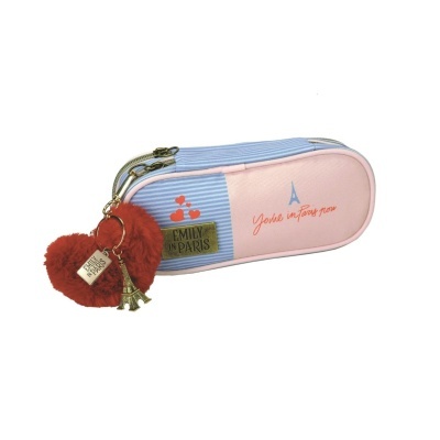 Estojo azul às riscas e rosa com chaveiro coração vermelho e Torre Eiffel