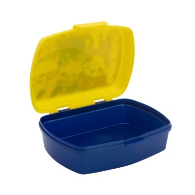 Caixa de plástico azul com tampa amarela aberta