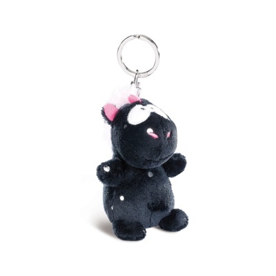 Porta-chaves peluche hipopótamo preto com manchas brancas e argola metálica