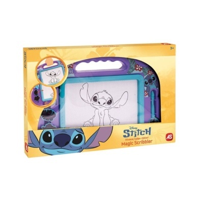 Quadro mágico Disney Stitch azul e roxo na embalagem amarela com imagem do Stitch