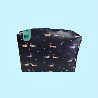 Bolsa de maquilhagem preta com padrão de cães salsicha coloridos