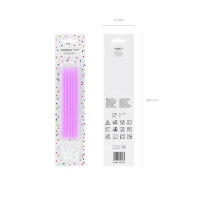 Conjunto de velas cor-de-rosa em embalagem branca com bolinhas coloridas e suporte branco.