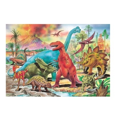 Ilustração colorida de dinossauros em ambiente pré-histórico