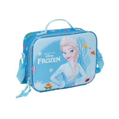 Mala infantil azul com imagem da Elsa do filme Frozen e alça para transporte