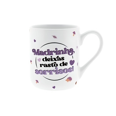 Caneca branca com texto em português e desenhos coloridos pequenos