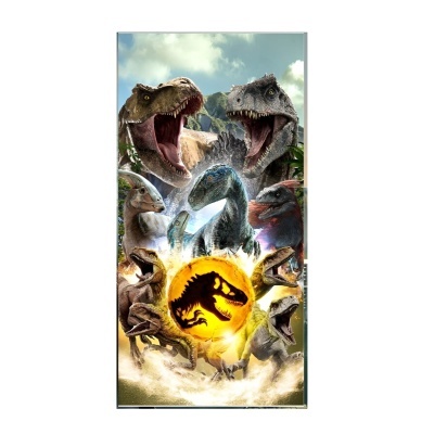 Pano estampado com vários dinossauros coloridos e círculo amarelo com silhueta preto