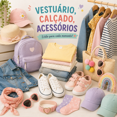 Vestuário e acessórios infantis organizados em superfície clara com texto promocional na parede