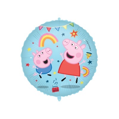 Balão redondo azul com personagens Peppa Pig e George e elementos coloridos de festa