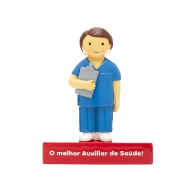Figura de auxiliar de saúde azul com prancheta numa base vermelha com texto