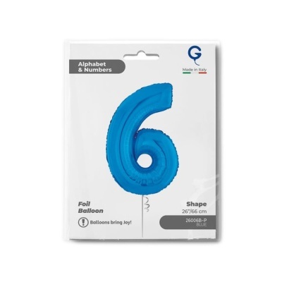 Balão azul em forma do número 6 em embalagem branca e transparente