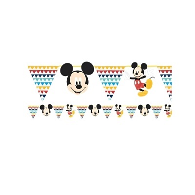 Guirlanda de tecido com bandeirolas triangulares coloridas e imagens do Mickey Mouse