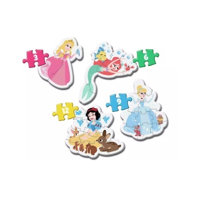 Quebra-cabeças infantis coloridos com princesas da Disney e peças numeradas.