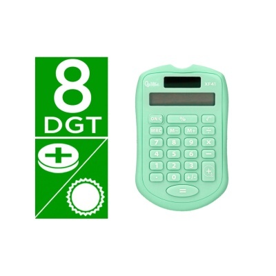 Calculadora verde claro com visor digital e botões numéricos e funcionais.