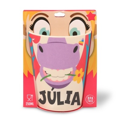 Copo infantil de plástico com desenho de hipopótamo roxo e nome JÚLIA