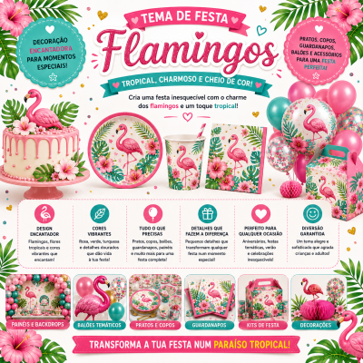 Conjunto de produtos para festa com tema de flamingos e decoração tropical em tons rosa, verde, turquesa e dourado.