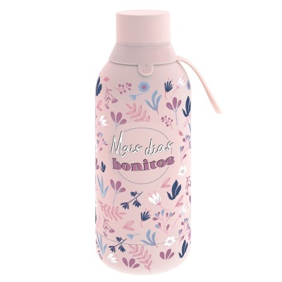 Garrafa reutilizável rosa com padrão floral e texto 'Mais dias bonitos'