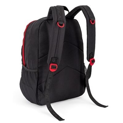 Mochila preta com detalhes vermelhos vista de costas