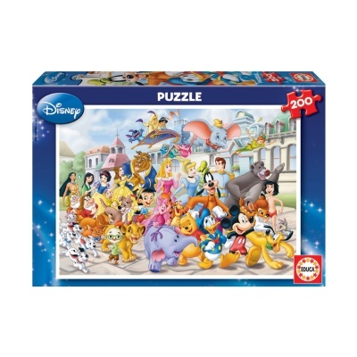 Caixa de puzzle Disney com 200 peças, personagens animados coloridos e fundos urbanos