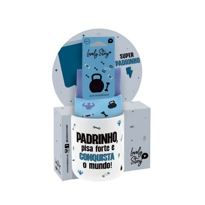 Meias azuis com ilustrações de halteres e embalagem com texto e logótipo Lovely Story