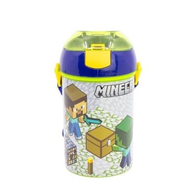 Garrafa de água de plástico com design Minecraft e tampa verde e azul.