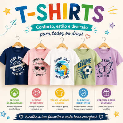 Cinco t-shirts infantis coloridas penduradas, cada uma com uma estampa e texto diferente.