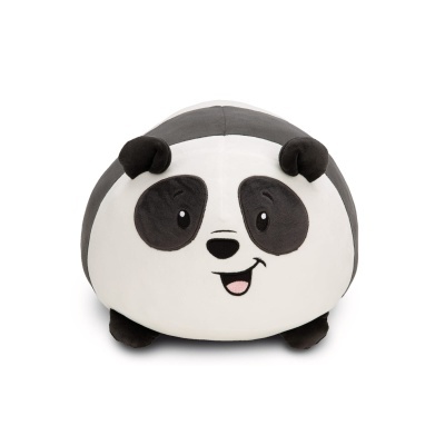 Pelúcia redonda de panda com rosto sorridente.