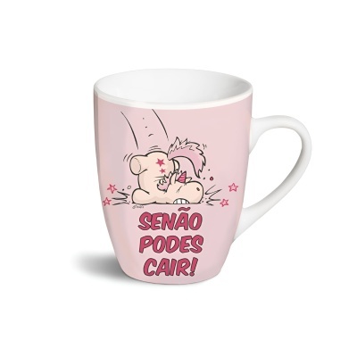 Caneca rosa com desenho de cavalo a cair e texto motivacional