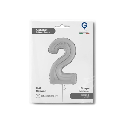 Balão de folha prateado em forma do número 2 em embalagem branca