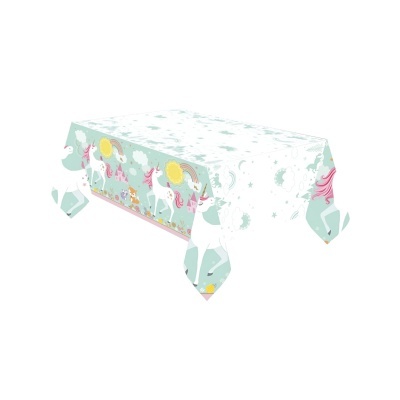 Toalha de mesa retangular com padrão de unicórnios e estrelas em cores pastel