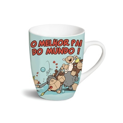 Caneca branca com texto vermelho e ilustração de animais em cartoon