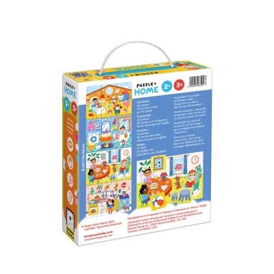 Caixa de puzzle infantil colorida com imagens do interior de uma casa e alça branca.