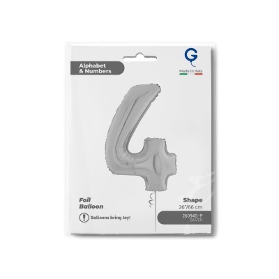 Balão de folha prateado número 4 em embalagem branca