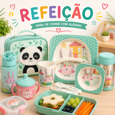 Conjunto infantil colorido para refeição com pratos, copo, garrafa, lancheira com estampa de panda e talheres.