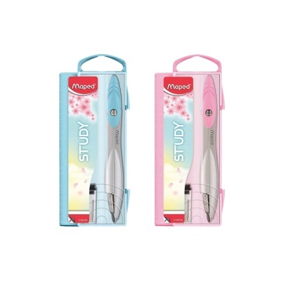 Dois estojos Maped Study, azul e rosa, cada um com um compasso metálico