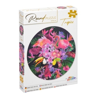 Caixa de puzzle redondo Tropics com imagem de flamingos e flores tropicais