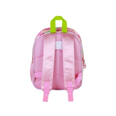 Mochila infantil rosa com alças acolchoadas e pega verde vista de trás