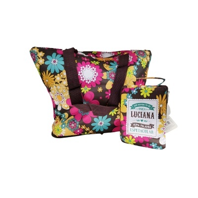 Bolsa floral castanha com alças largas e bolsa pequena com etiqueta Luiciana